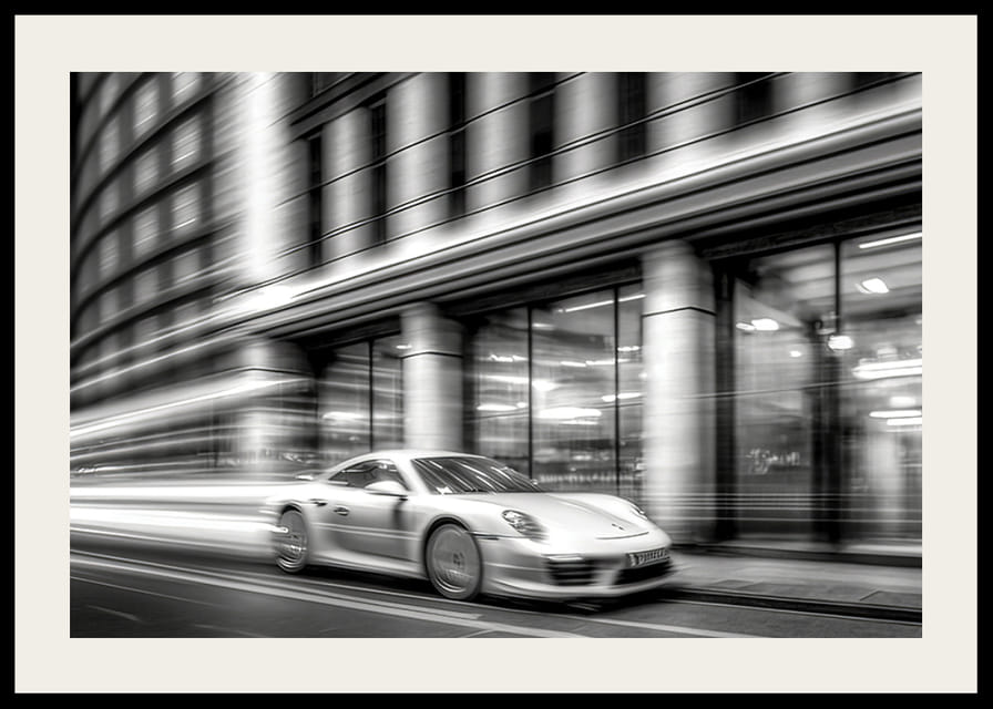 Black and white photograph of Porsche 911 in motion in front of city hall-12