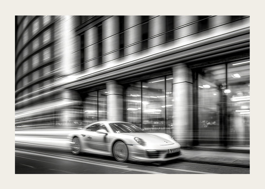 Black and white photograph of Porsche 911 in motion in front of city hall-12
