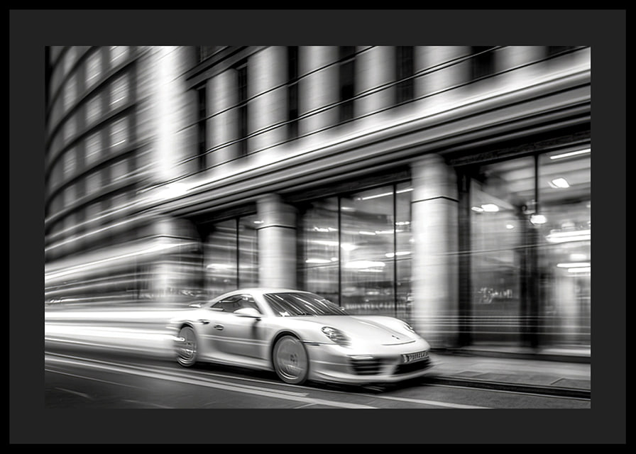 Fotografie alb-negru cu un Porsche 911 în mișcare în fața primăriei-12