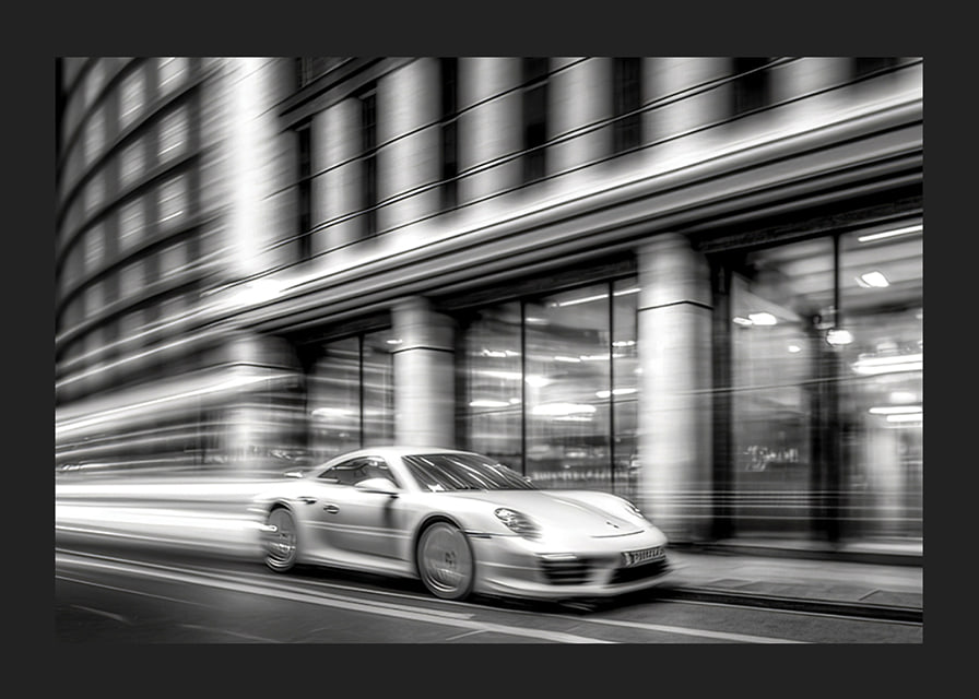 Fotografie alb-negru cu un Porsche 911 în mișcare în fața primăriei-12