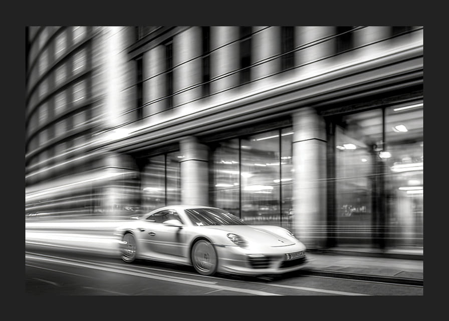 Black and white photograph of Porsche 911 in motion in front of city hall-12