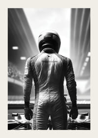 Svartvitt motiv av racerförare i overall och hjälm från ryggen-3