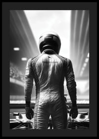 Svartvitt motiv av racerförare i overall och hjälm från ryggen-4