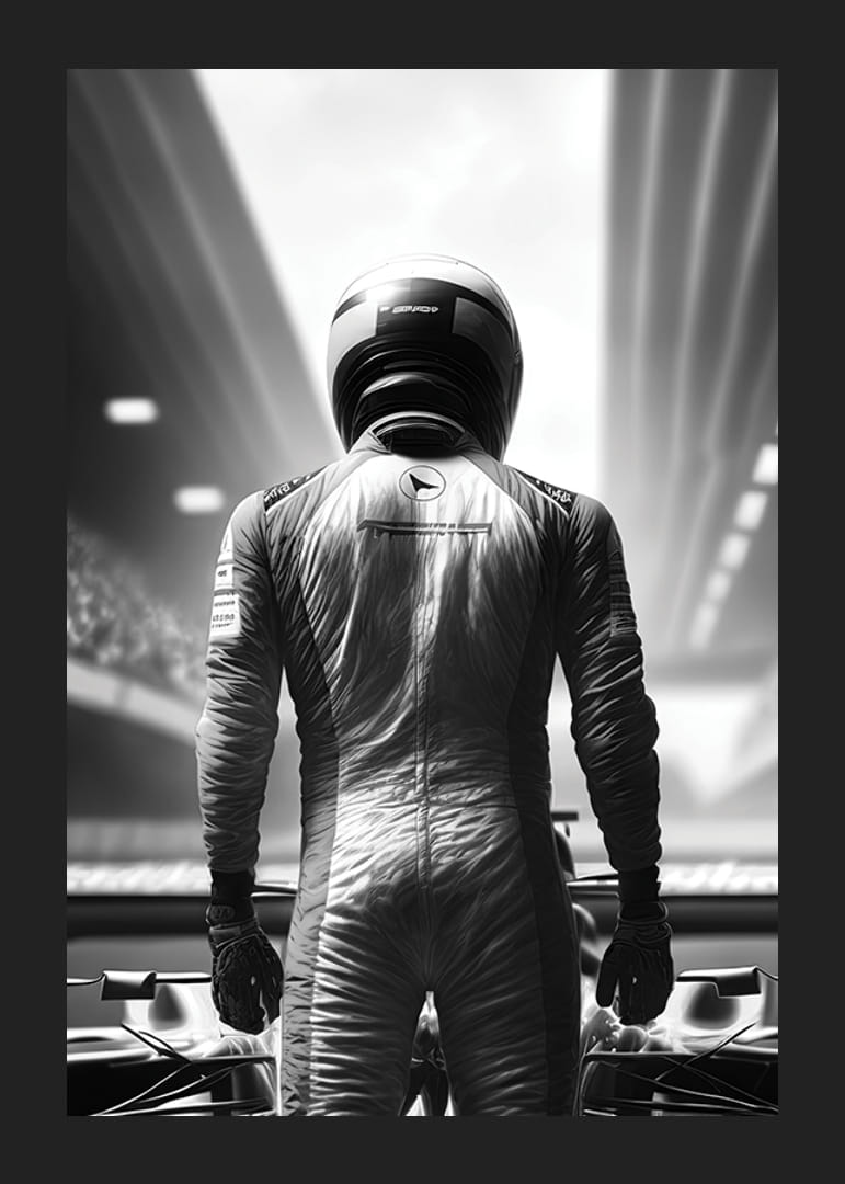 Svartvitt motiv av racerförare i overall och hjälm från ryggen-12