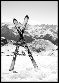 Black and white photo of crossed skis in snowy alpine landscape-6