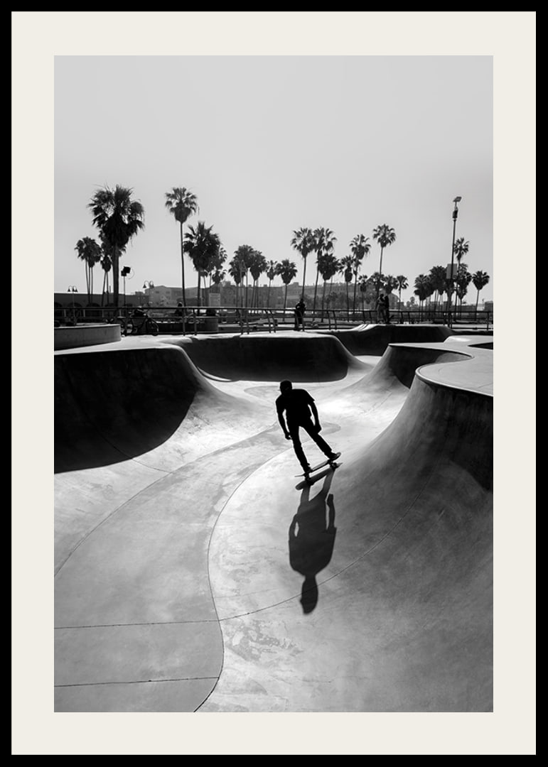 Black and white photograph of skateboarder in concrete park with palm trees-12