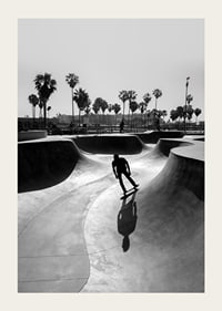 Black and white photograph of skateboarder in concrete park with palm trees-3
