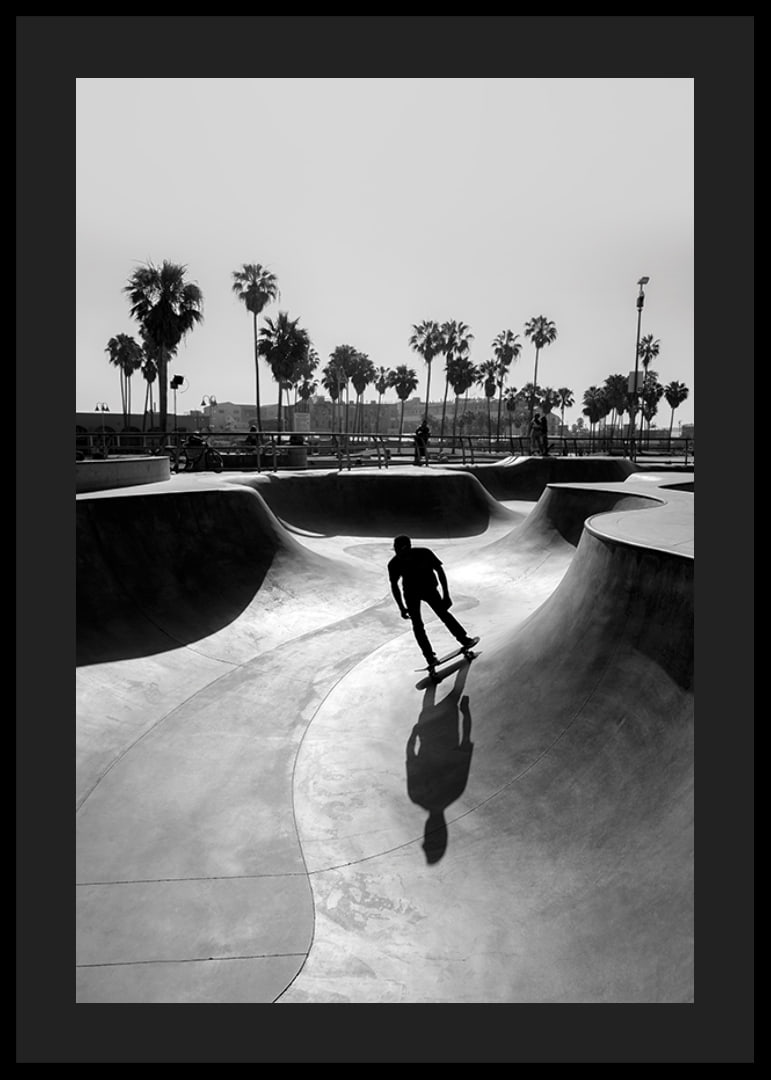 Black and white photograph of skateboarder in concrete park with palm trees-12