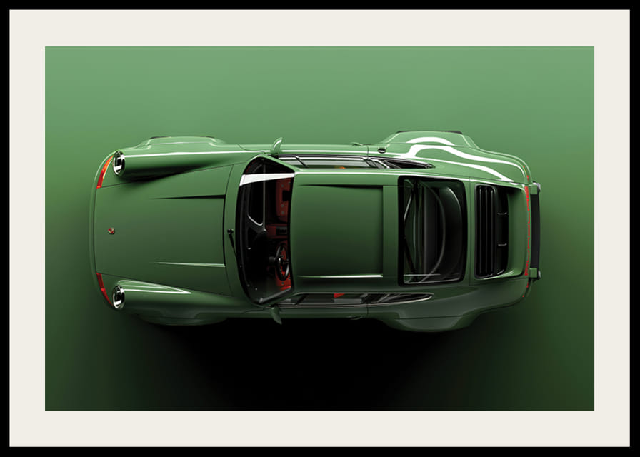 Vista dall'alto della classica Porsche 911 con vernice verde e sfondo-12