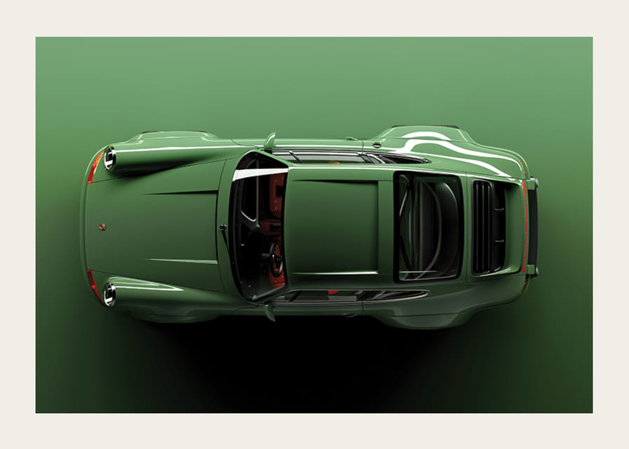 Vista dall'alto della classica Porsche 911 con vernice verde e sfondo-12