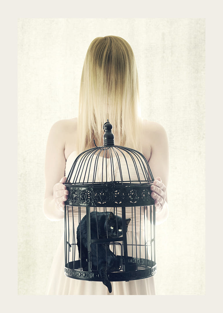 Donna surreale con il volto nascosto e gatto nero in gabbia-12