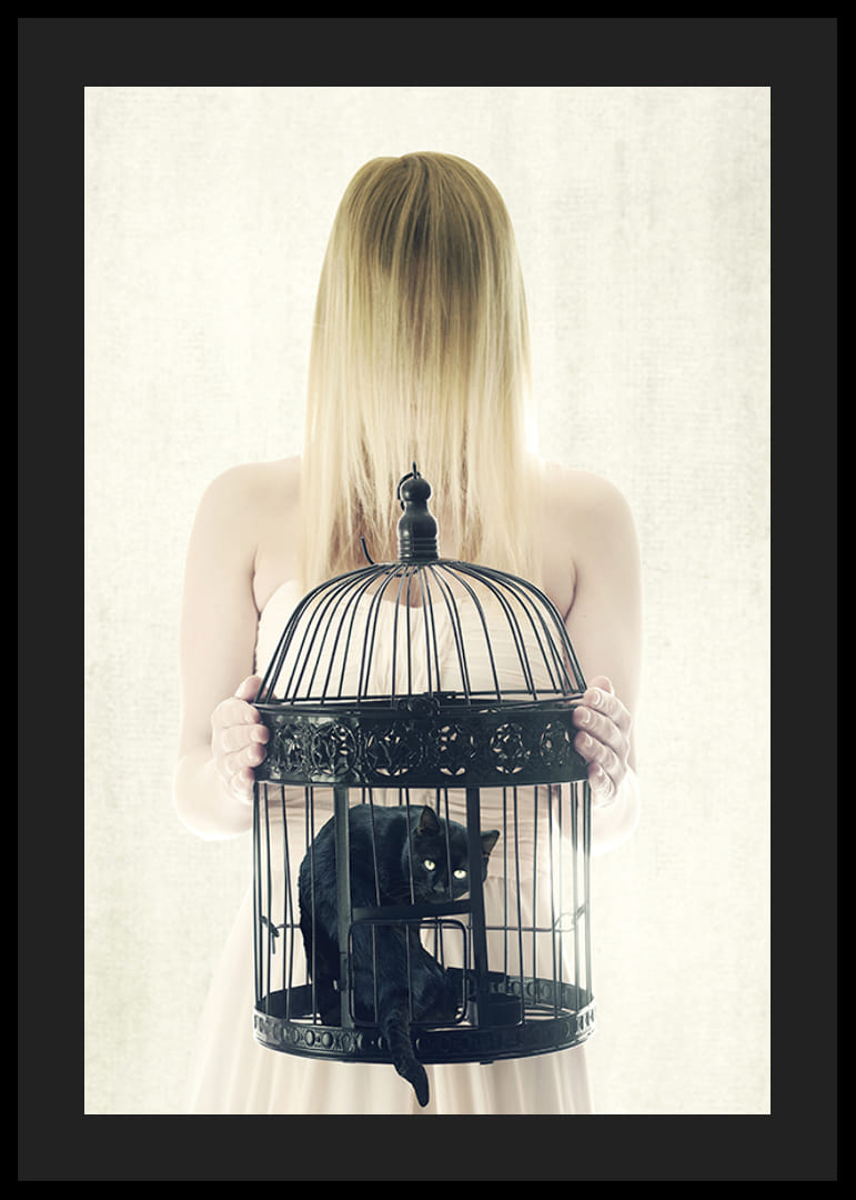 Donna surreale con il volto nascosto e gatto nero in gabbia-12