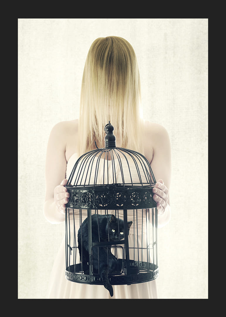 Donna surreale con il volto nascosto e gatto nero in gabbia-12