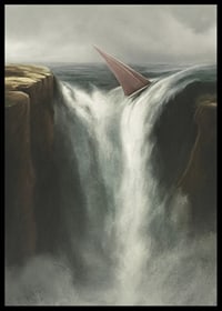 Surrealistisk illustration av segelbåt vid stort vattenfall-6