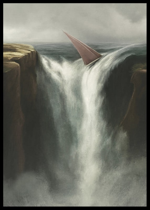 Surrealistisk illustration av segelbåt vid stort vattenfall-12