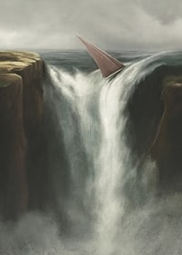 Surrealistisk illustration av segelbåt vid stort vattenfall-7