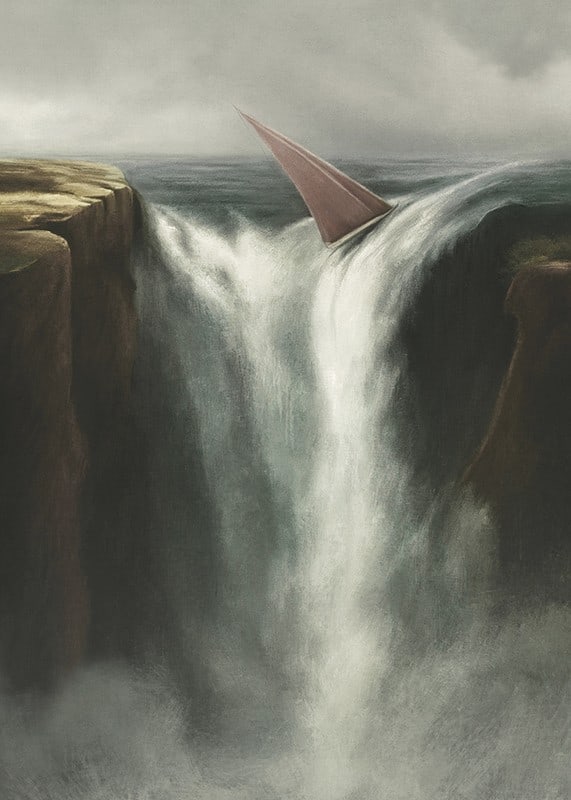 Surrealistisk illustration av segelbåt vid stort vattenfall-12
