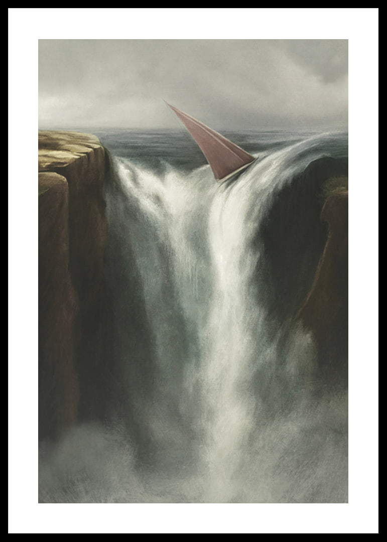Surrealistisk illustration av segelbåt vid stort vattenfall-12