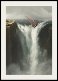 Surrealistisk illustration av segelbåt vid stort vattenfall-2