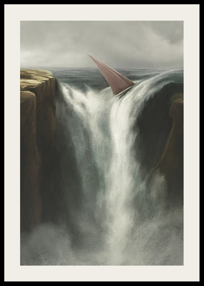 Surrealistisk illustration av segelbåt vid stort vattenfall-12
