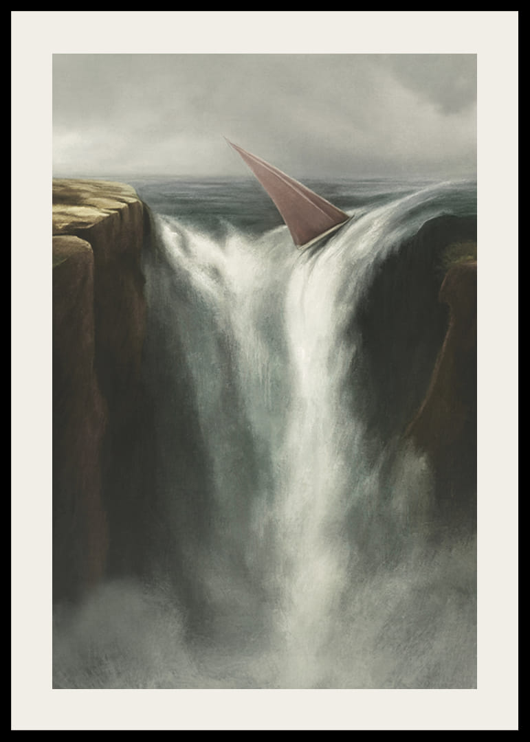 Surrealistyczna ilustracja żaglówki przy dużym wodospadzie-12