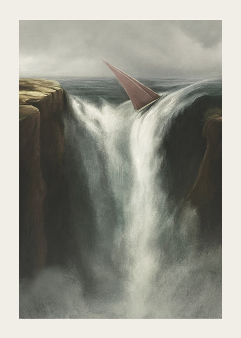 Surrealistisk illustration av segelbåt vid stort vattenfall-12