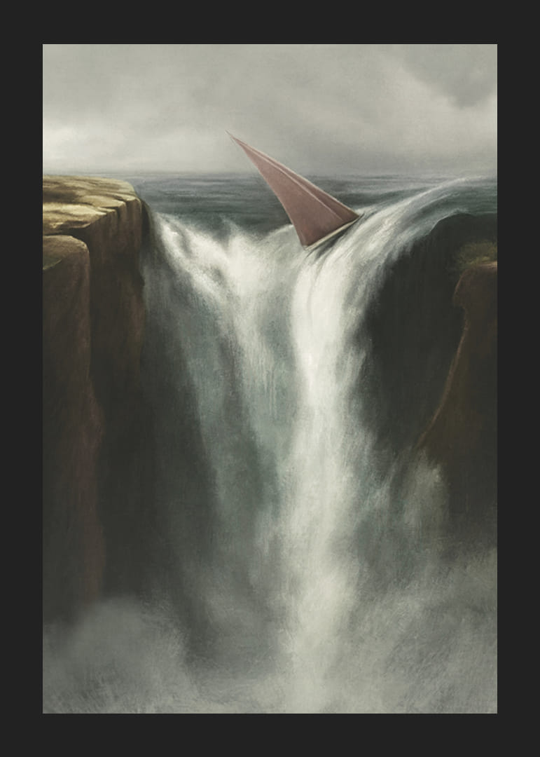 Surrealistyczna ilustracja żaglówki przy dużym wodospadzie-12