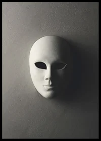 White theater mask with smooth features against gray wall in shadowy light-6