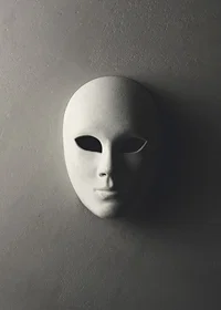White theater mask with smooth features against gray wall in shadowy light-7