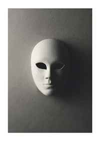 White theater mask with smooth features against gray wall in shadowy light-1