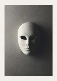 White theater mask with smooth features against gray wall in shadowy light-3