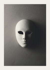 Maschera teatrale bianca con lineamenti lisci contro un muro grigio in una luce ombrosa-3