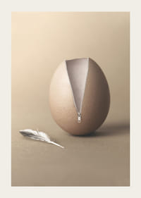 Surrealistisk illustration av ägg med blixtlås i beige toner-3