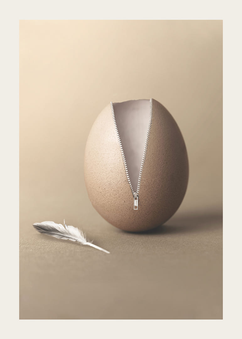 Surrealistisk illustration av ägg med blixtlås i beige toner-12