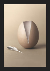 Surrealistisk illustration av ägg med blixtlås i beige toner-5