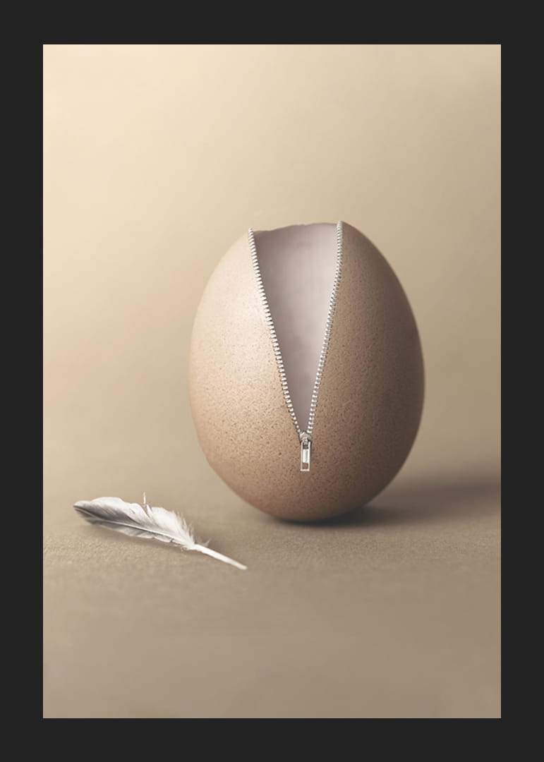 Surrealistisk illustration av ägg med blixtlås i beige toner-12