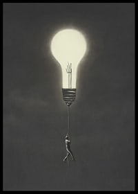 Surreal illustration of man hanging from a light bulb-6