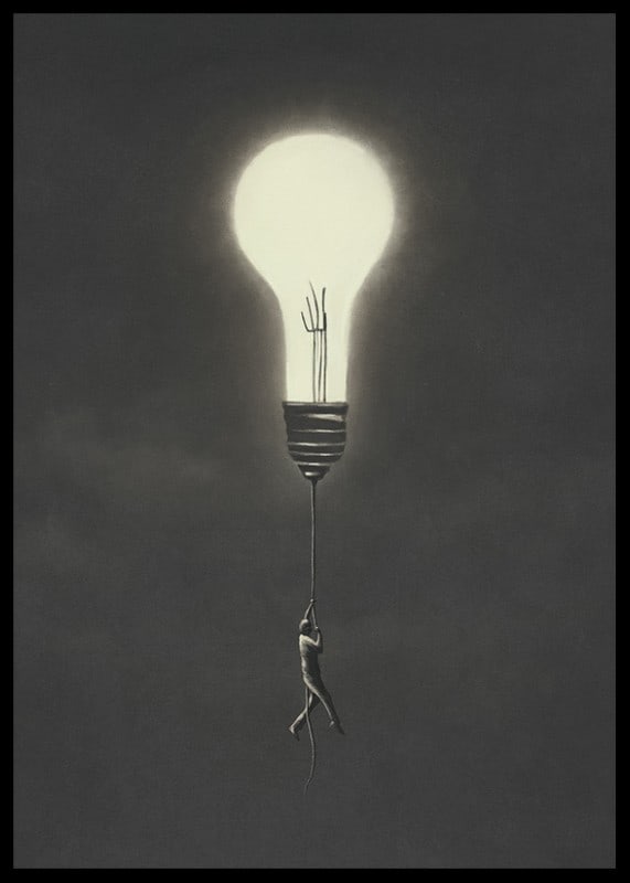 Surreal illustration of man hanging from a light bulb-12