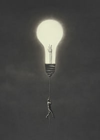 Surreal illustration of man hanging from a light bulb-7