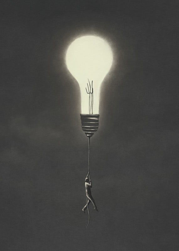 Surreal illustration of man hanging from a light bulb-12