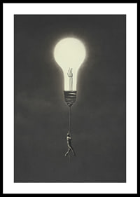 Surreal illustration of man hanging from a light bulb-0