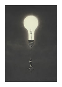 Surreal illustration of man hanging from a light bulb-1