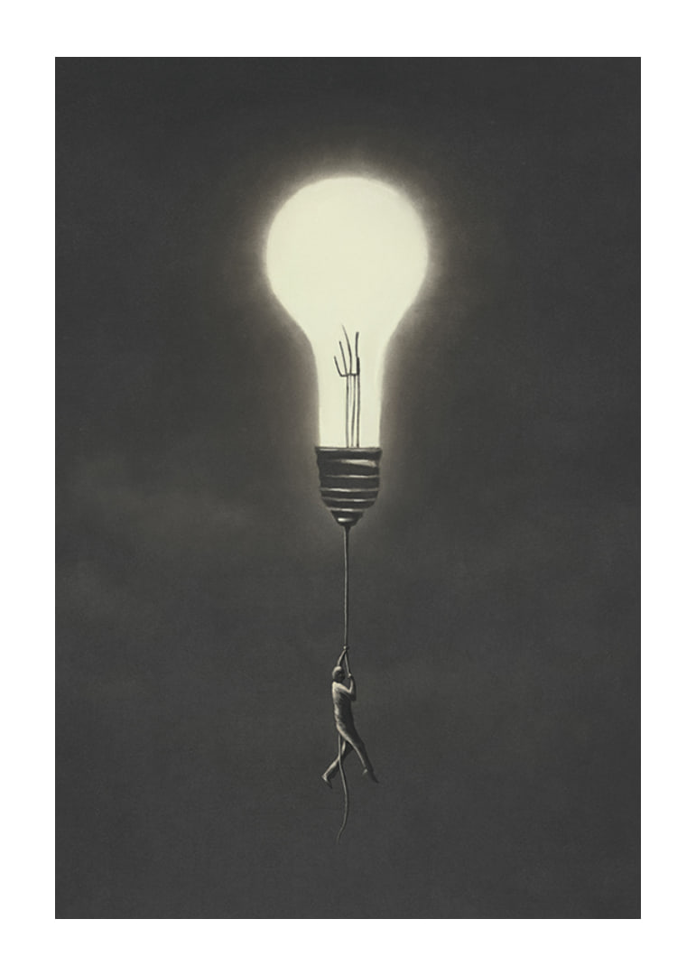 Surreal illustration of man hanging from a light bulb-12