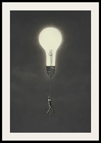 Surreal illustration of man hanging from a light bulb-2
