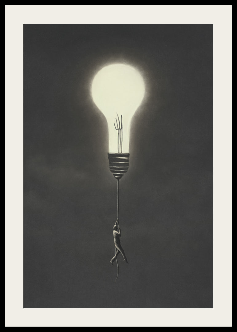 Surreal illustration of man hanging from a light bulb-12