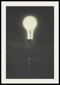 Surreal illustration of man hanging from a light bulb-2
