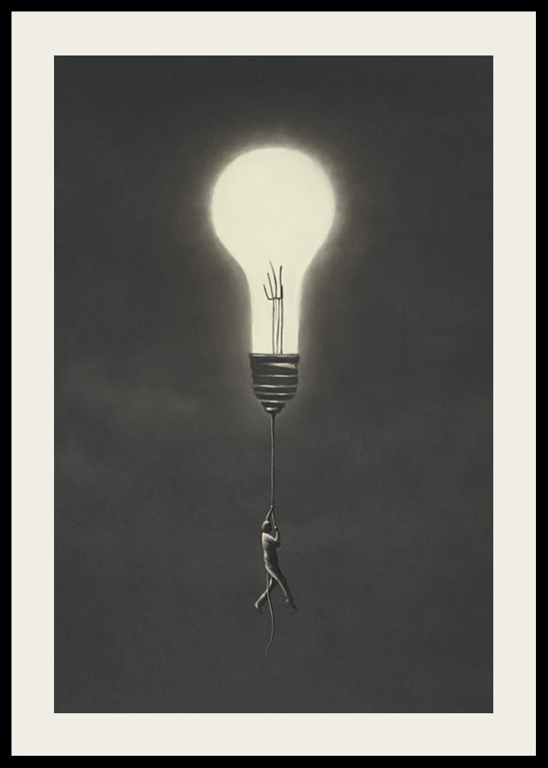 Surreal illustration of man hanging from a light bulb-12