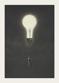 Surreal illustration of man hanging from a light bulb-3
