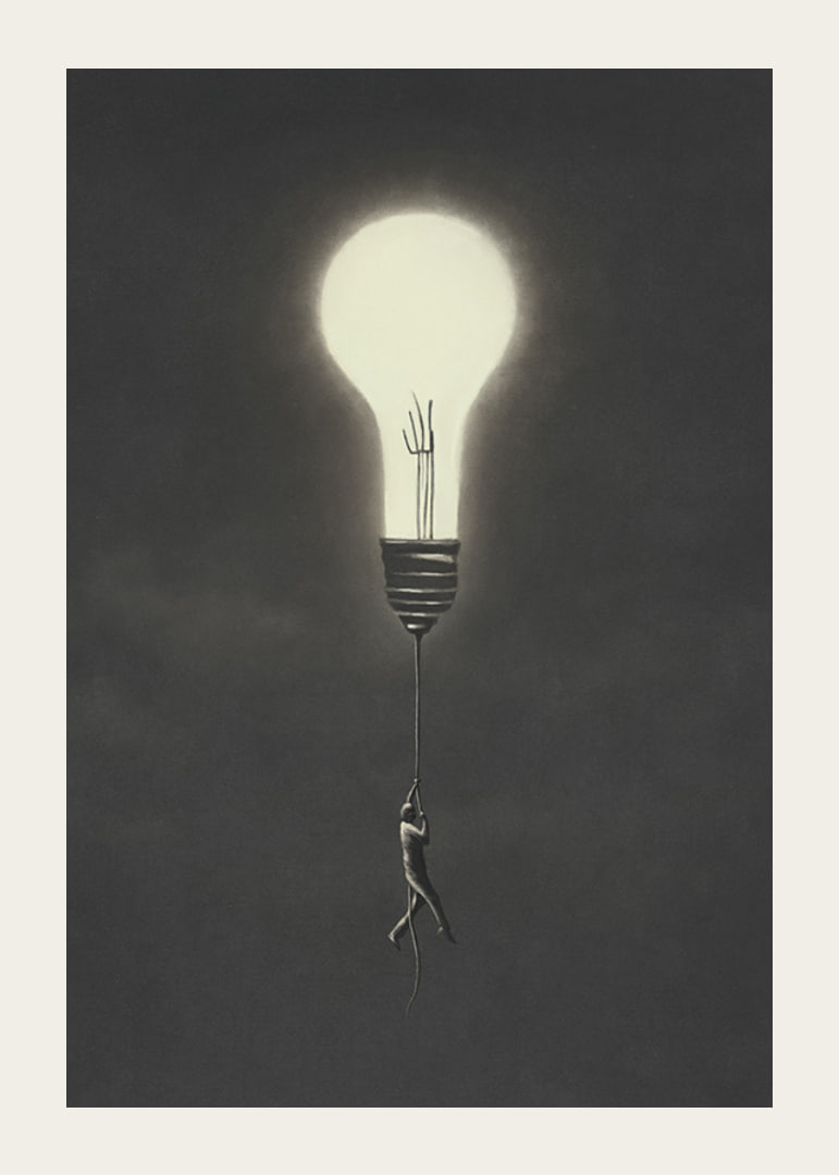 Surreal illustration of man hanging from a light bulb-12