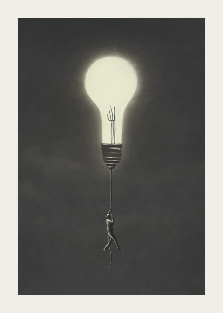Surreal illustration of man hanging from a light bulb-12